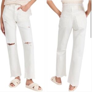 New Moussy Odessa High Rise Distressed Straight Leg Jeans in White Sz 27